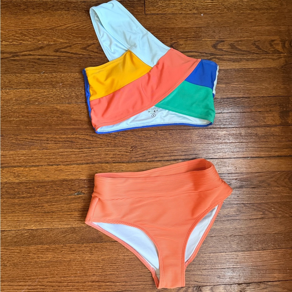 NWOT Nani patchwork one-shoulder top + flat-ribbed bottoms, small